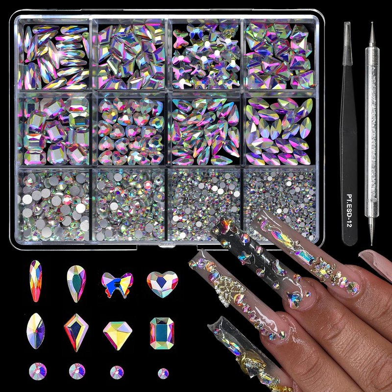 Cycullinyt 1660Pcs Crystal AB Nail Art Rhinestones: 8 Types of Multi Shapes Diamonds + 4 Sizes Flatback DIY Crafts Rhinestone Crystals 3D Glass Stones Set + Tweezer + Pickup Pen