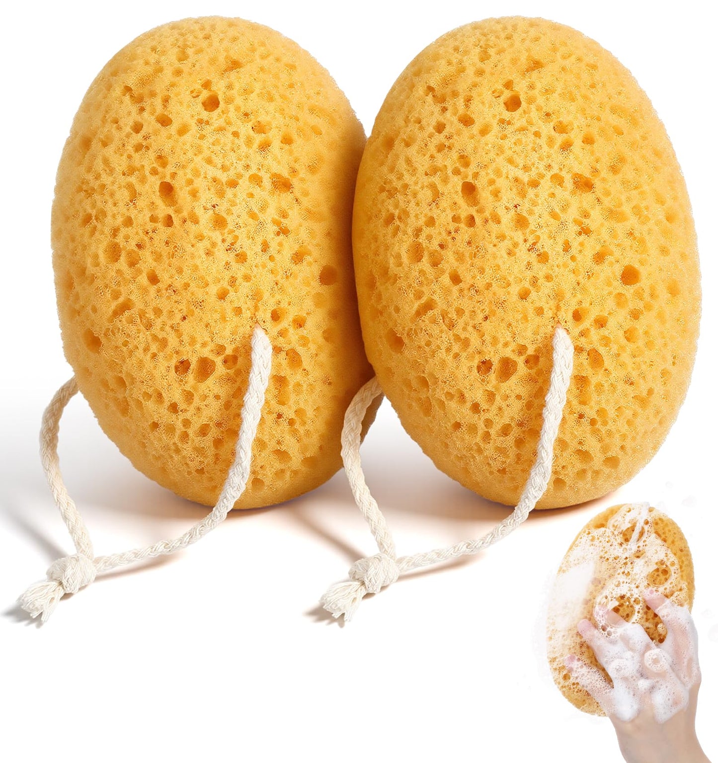 2PCS Exfoliating Bath Sponge, Large Natural Bath Sponge for Men & Women, Exfoliating Foam Puff with Dense Foam for Gentle & Deep Cleansing, Ultra-Soft for Sensitive Dry Skin (5.9 * 3.9 inch)