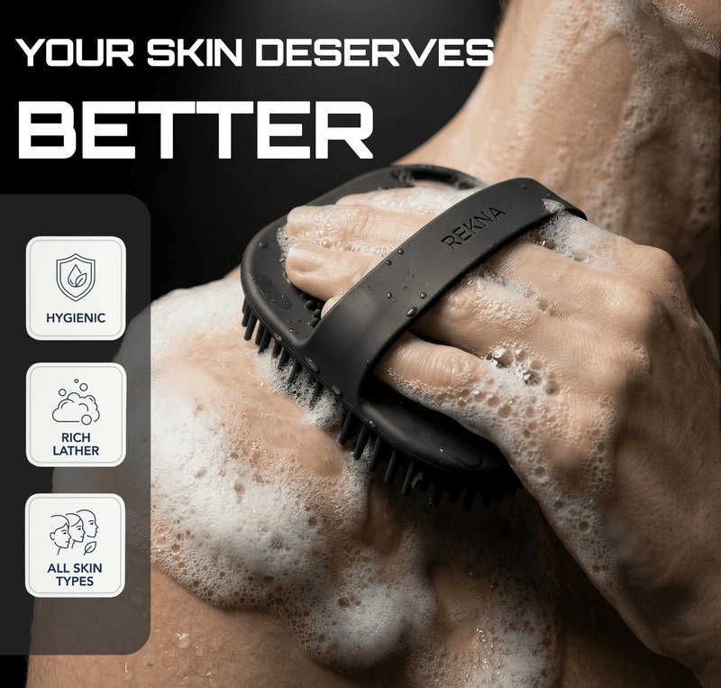 REKNA Silicone Body Scrubber for Shower - Exfoliating Body Brush with Non-Slip Grip - Durable Loofah Alternative - Soft Bristles for Gentle Cleansing, High Lather & Quick Drying, Black