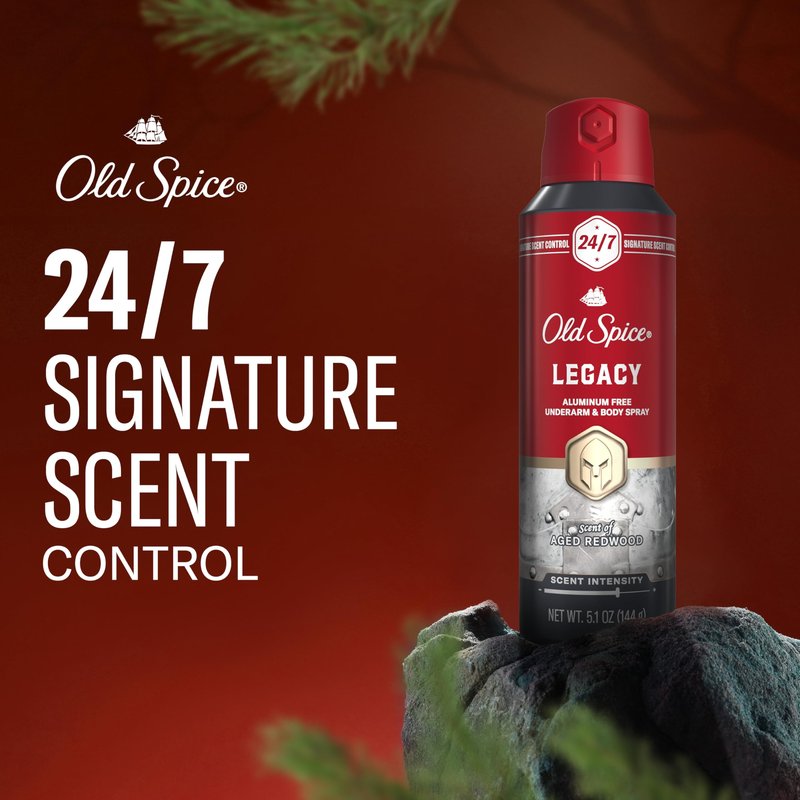 Old Spice Aluminum Free Body Spray for Men, 24/7 Signature Scent & Lasting Freshness, All-Day Odor Protection, Easy Application, Legacy with Coconut, Pine & Cedar Scent, 5.1 oz