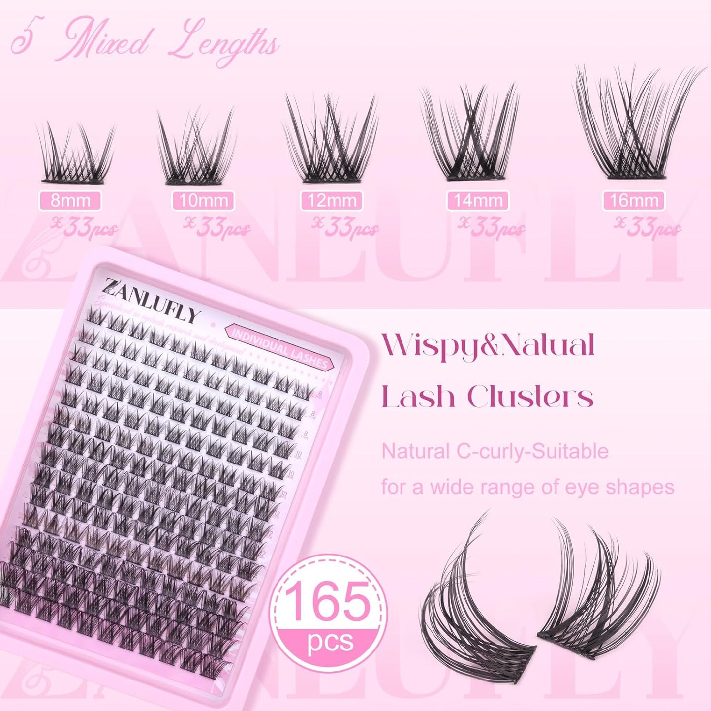 Zanlufly Wispy Eyelash Clusters - Natural C-Curly DIY Lash Extensions | 180 Pcs, Thin Band, 8-16MM