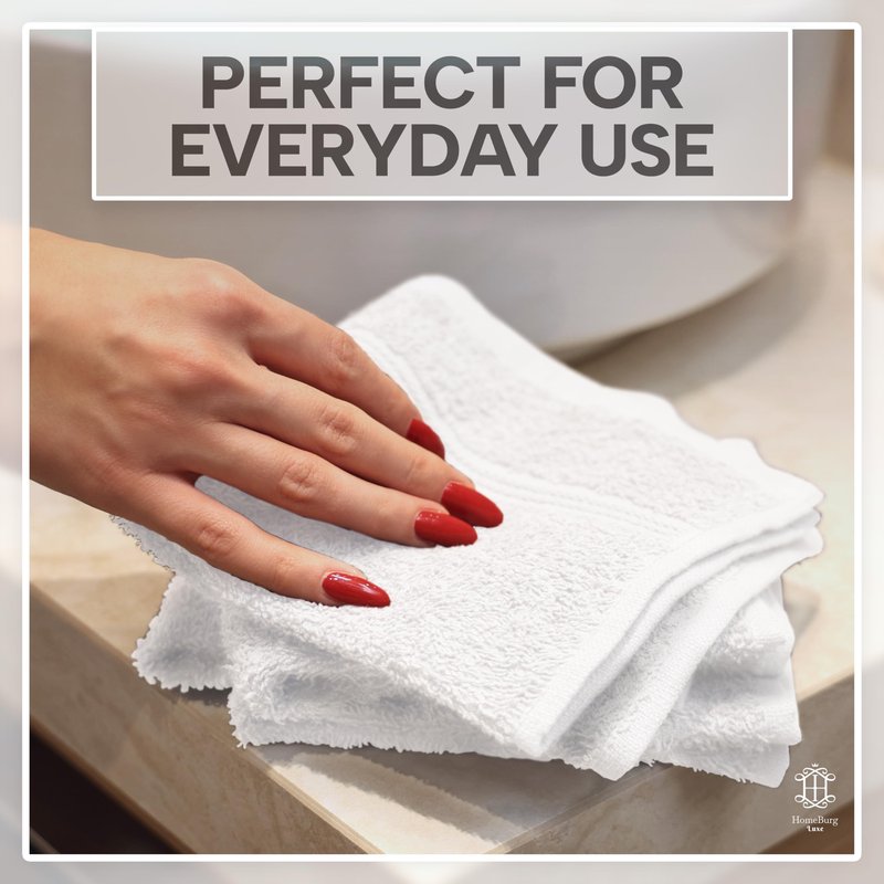HomeBurg Luxe 12-Piece Washcloth Set - 100% Cotton, Soft & Absorbent, Easy Care, Premium Towels for Face & Daily Use, 12 x 12 in (White)