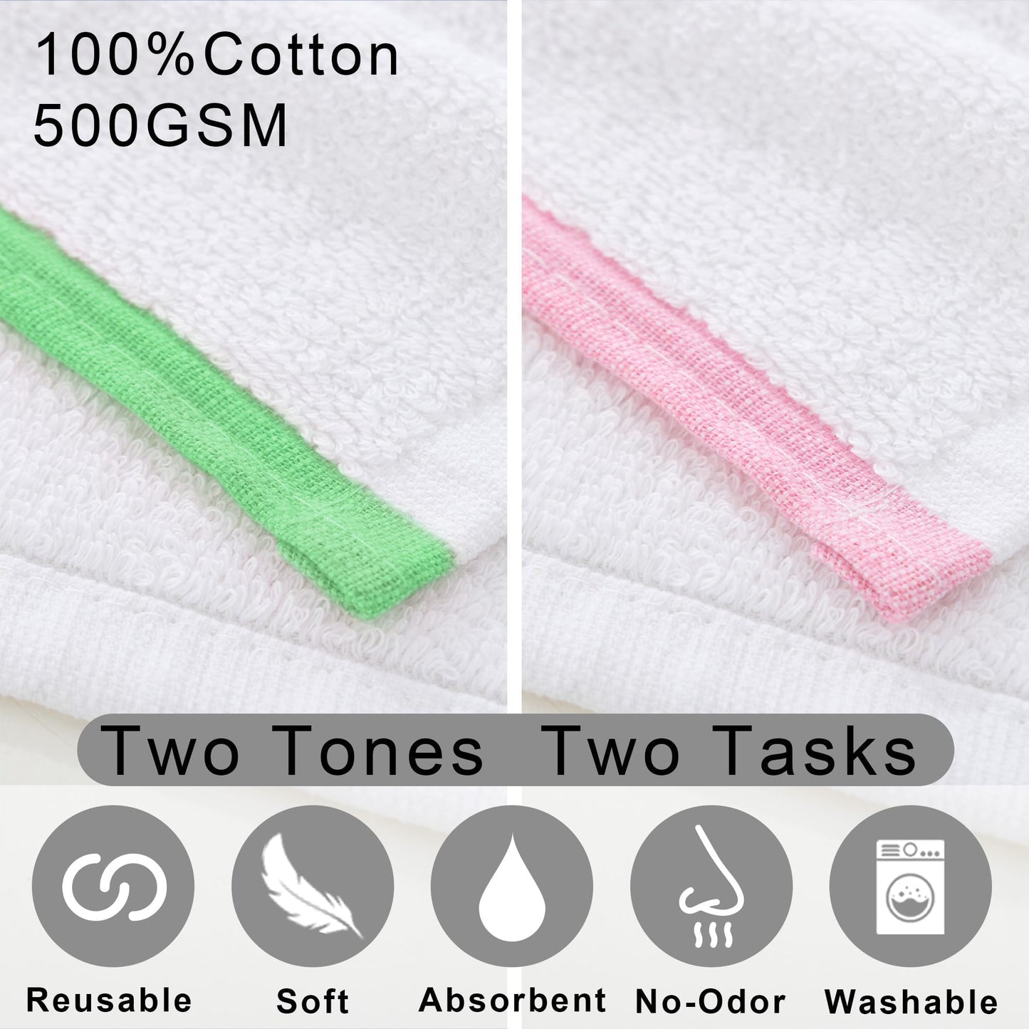White Bar Rags, 60 Pack Reusable Cleaning Rags (12"x12") - 100% Cotton | Thick 500GSM | Odor-Free | Soft | Absorb, Washable Dish Cloths for Washing Dishes, Bar Mop Towels, Green + Pink Trim
