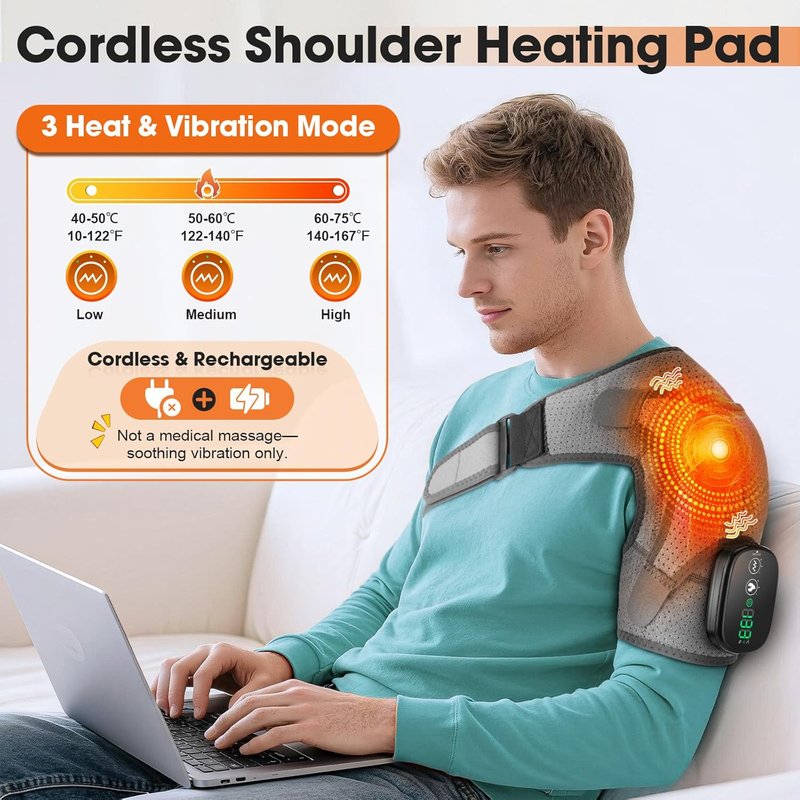 Skiennix Cordless Shoulder Heating Pad - Deep Tissue Pain Relief Massager | Heated Wrap in Gray