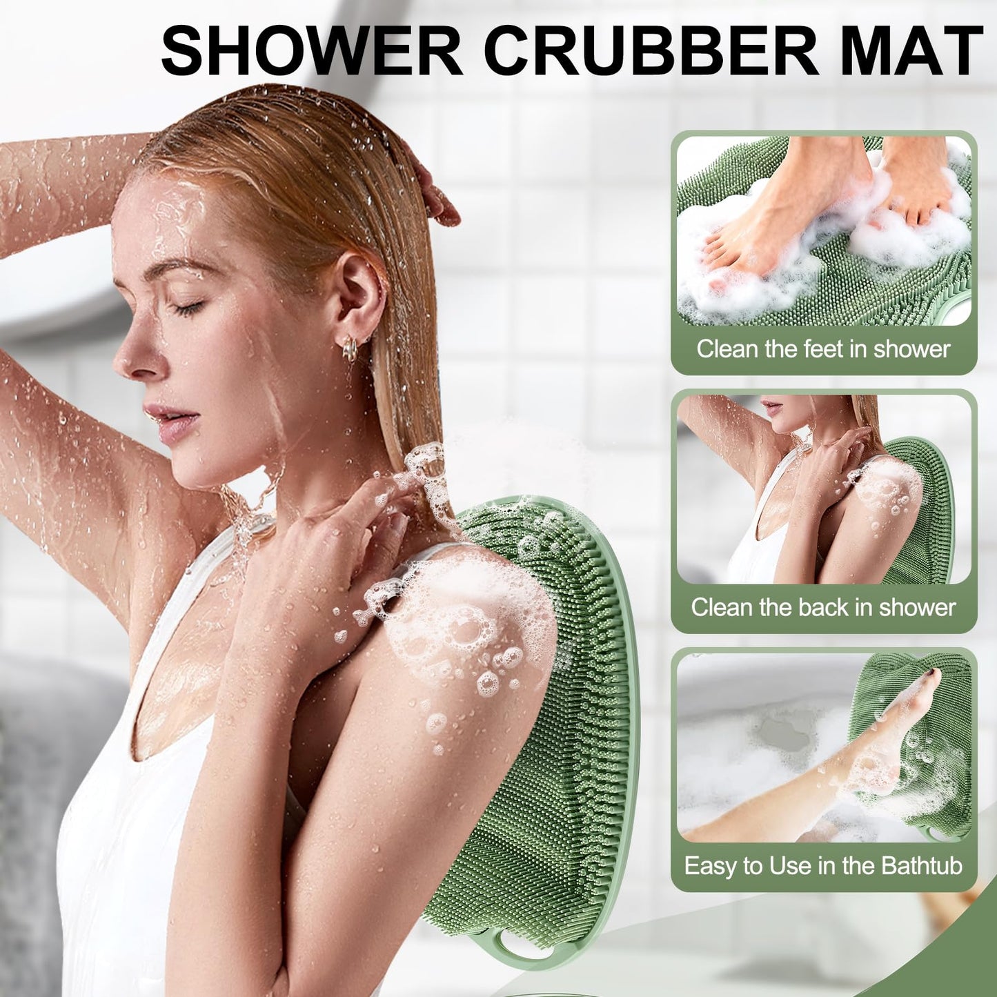 EaTubano Bath Shower Foot Scrubber Mat - Silicone Shower Foot Scrubber Mat (XL) Cleaner Foot Toes Clean Pad Without Bending Non-Slip Suction Cups Bathroom mat 17.2 * 13 inch - Green