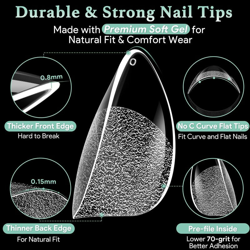 Leykosh Short Almond Nail Tips, 15 Sizes 240 PCS Clear Acrylic Soft Fake Nails Gel Nail Tips, Full Cover Pre-Shaped Matte Long Lasting Press on Nails Extension for DIY Beginners & Salon Manicure