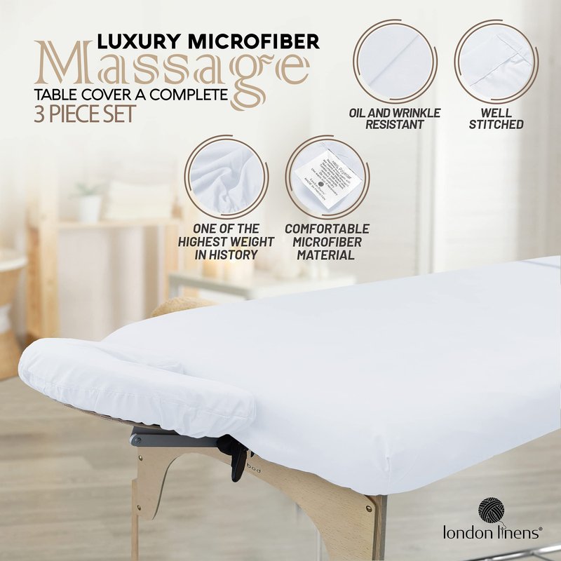 LONDON LINENS Soft Microfiber Massage Table Sheets Set 3 Piece Set - Includes Massage Table Cover, Massage Fitted Sheet, and Massage Face Rest Cover (White)