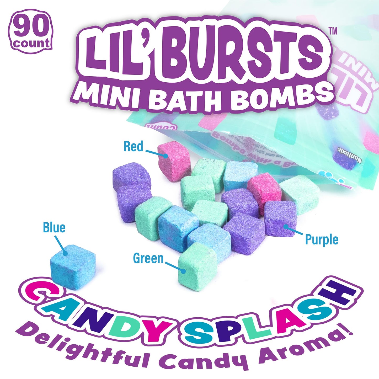Tub Works® Lil' Bursts™ Mini Bath Bombs for Kids, 90 Count, Candy Splash | Nontoxic | Tiny Kids Bath Bombs with A Burst of Color, Foam & Bubbles | Customize Toddler Bath with Colors | Create Tub Art