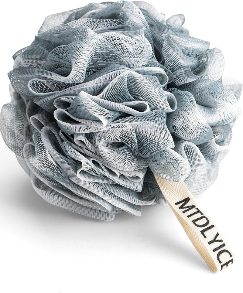 MTDLYICE Loofah Sponge - XXL Large Soft Mesh Bath Pouf | 100g 4 Pack for Men - Blue Gray Body Scrub