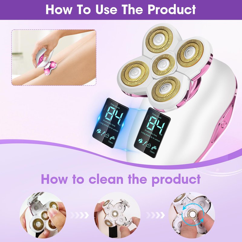 Electric Razors for Women-5D Floating Head IPX7 Waterproof Wet Dry Leg Hair Trimmer, USB-C Rechargeable 90Min Battery, Gentle Facial Bikini Hair Removal with LED Display & Travel Lock