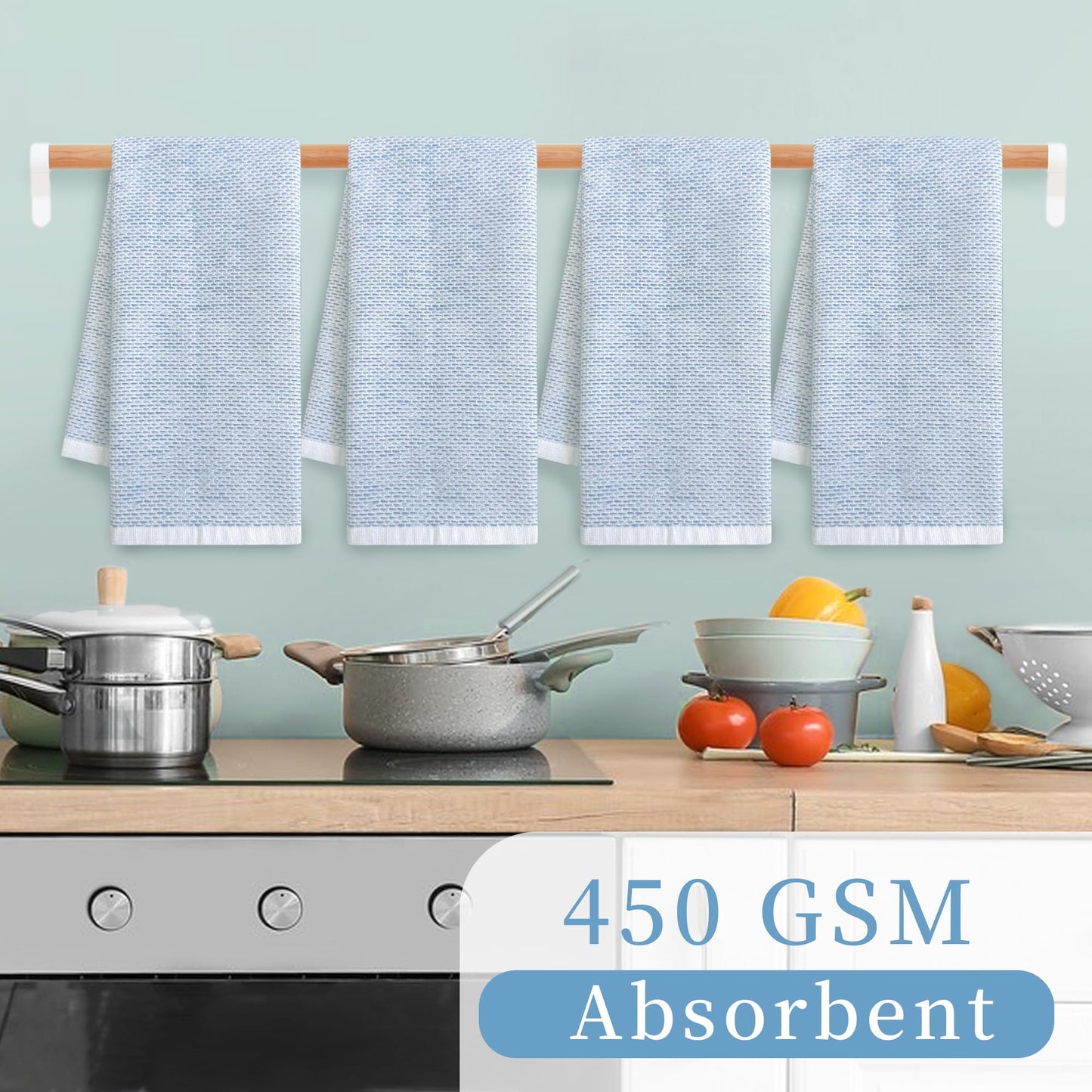VOOVA & MOVAS Kitchen Towels Set of 4 (17"x25"), 100% Cotton Thick 450GSM | Absorption | Soft | Large, Dish Towels with Hanging Loop, Quick Dry Towel for Kitchen & Bathroom, Blue and White Jacquard