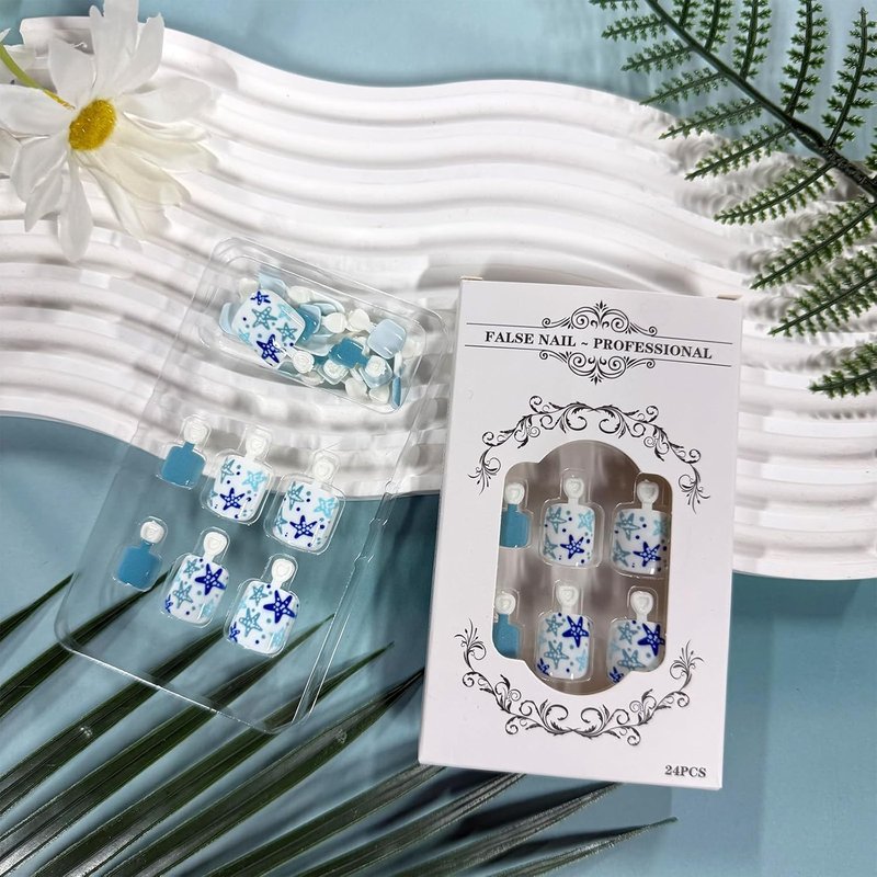 Blue Starfish Press-On Toenails - Short Square Acrylic Nail Tips for Summer Beach | 24 Reusable Nails