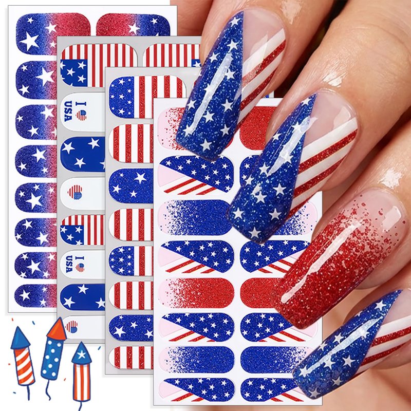 4 Sheets Independence Day Gel Nail Strips 4th of July Patriotic Full Wrap Nail Stickers Self-Adhesive American Flag Star Design Glitter Nail Polish Strips with File, Women DIY Holiday Manicure Decor