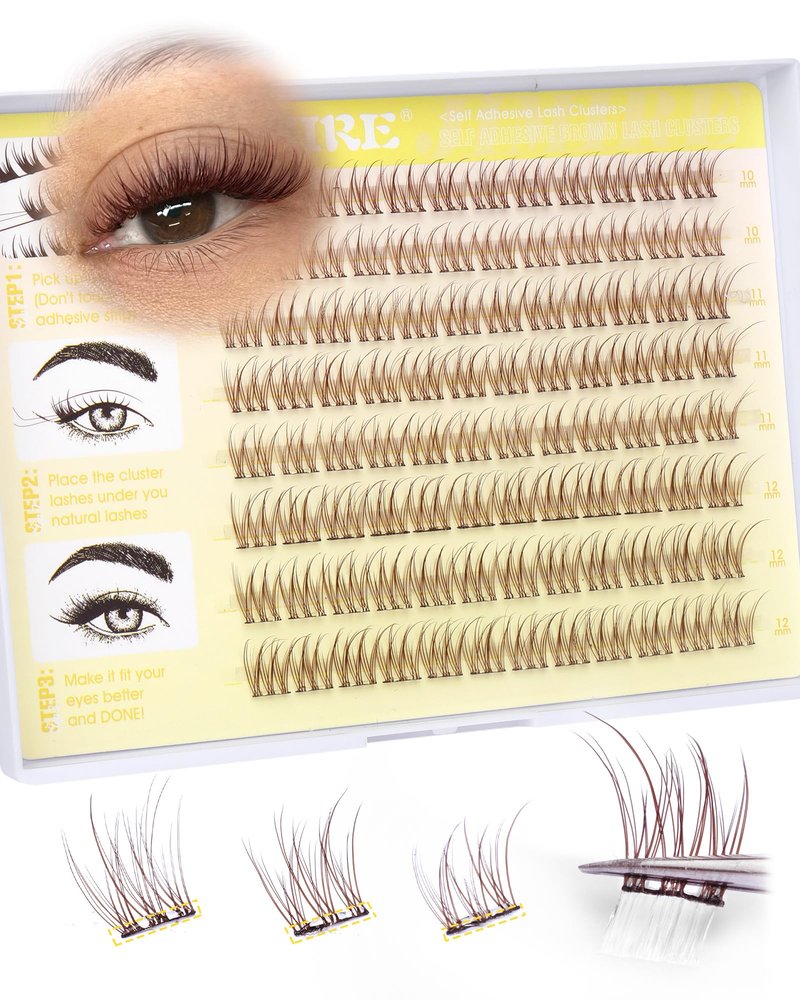 JIMIRE Brown Self-Adhesive Eyelashes Press on Lashes Clusters, Natural Look Pre-Glued Lash Clusters No Glue Needed Wispy 10-12MM Individual Lashes Brown Cluster Eyelash Extensions