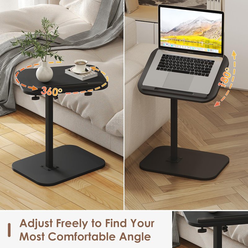 iabifo Side Table Sofa Tv Tray Height Adjustable C Shaped End Table 360° Swivel Overbed Living Room Couch Table, Black
