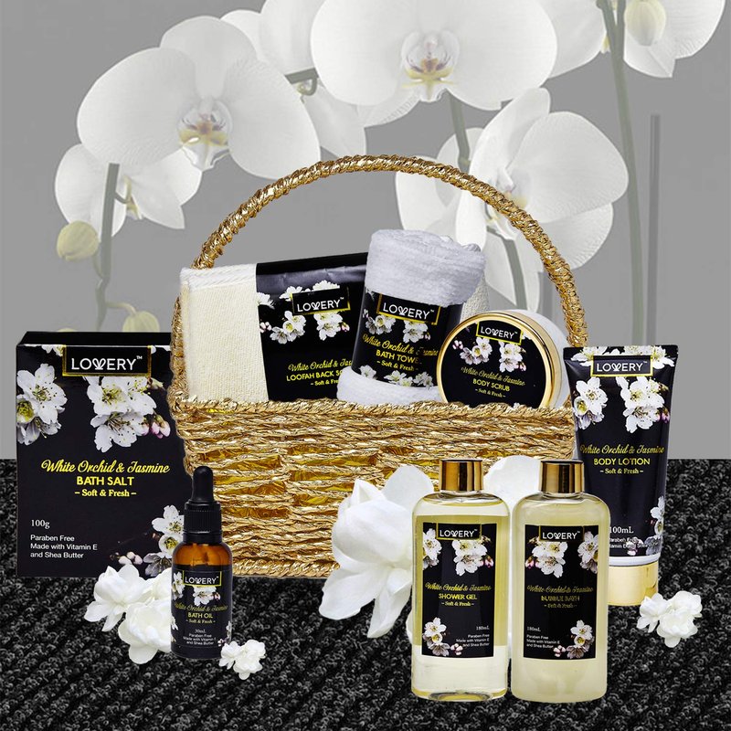 Mothers Day Gift Basket for Mom, Bath and Body Gift Basket for Women and Men – Orchid & Jasmine Home Spa Set With Body Scrubs, Lotions, Oils, Gels and More - Care Package for Women & Men - 9 Piece Set