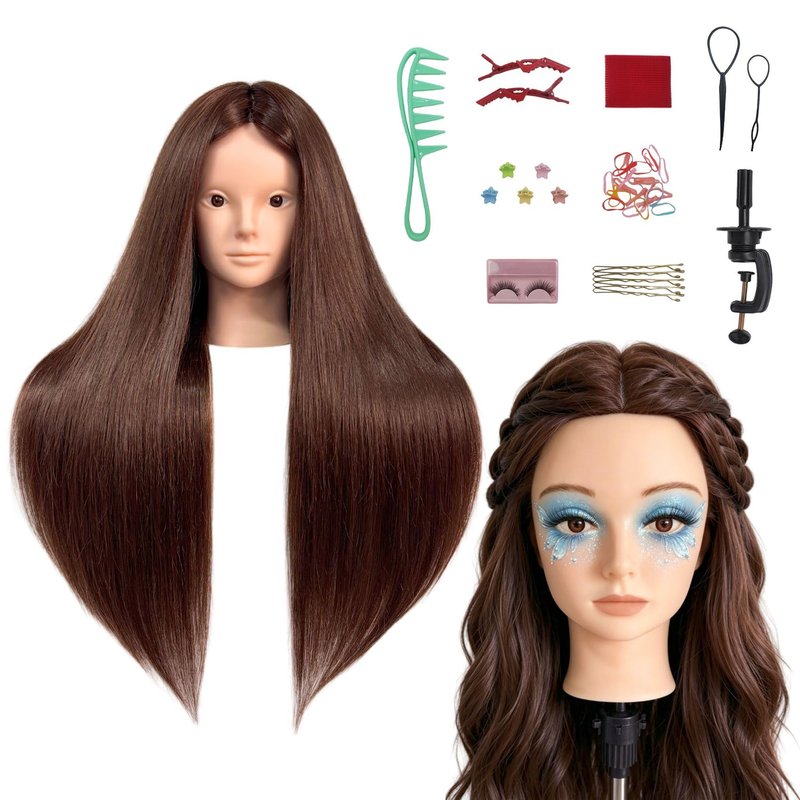 Mannequin Head with 80% Real Hair, 28" Dark Brown Hair Mannequin Head for Makeup & Practice Braiding, Cosmetology Training Doll Head for Hair Styling Kids