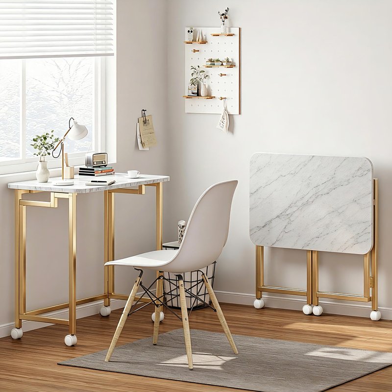JSB Small Folding Computer Desk with Storage Bag and Hook Writing Modern Industrial Work Table Laptop for Home Office White (White&Gold, 23.6")