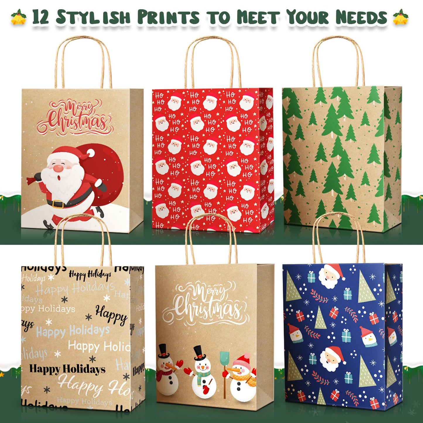 DeckTheHalls 24 Pack Christmas Gift Bags with 12 Stylish Prints, Christmas Tote Bags with Sturdy Handle, Reusable Xmas Kraft Gift Bags for Holiday Gifts, Party Favors, Ideal for Wrapping Gifts
