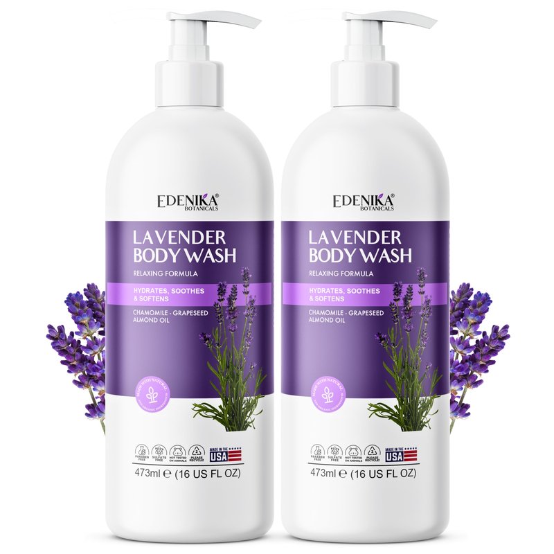 Edenika Lavender Body Wash with Vitamin E, Cleanses, Relaxes & Moisturizes, Stress Relief Shower Gel for Dry and Sensitive Skin, Women & Men, Organic & Natural, 16 fl oz, 2-Pack