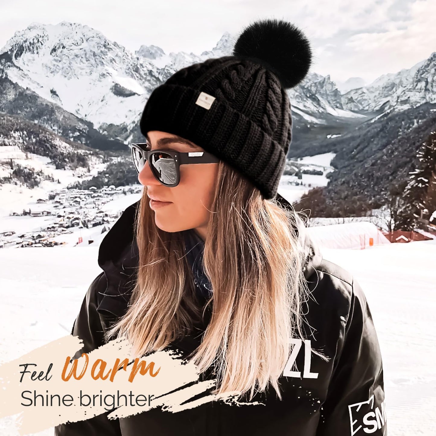 YANIBEST Winter Hats for Women Satin Lined Knitted Beanie Hat Warm Soft Ski Cuff Cap with Pom Pom Black