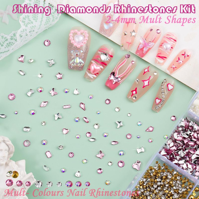Nail Charms & Gems Kit - 10,000 Pcs Pink Bow, Heart & 3D Flower Charms | Gold Butterfly & Rhinestones for Nail Art
