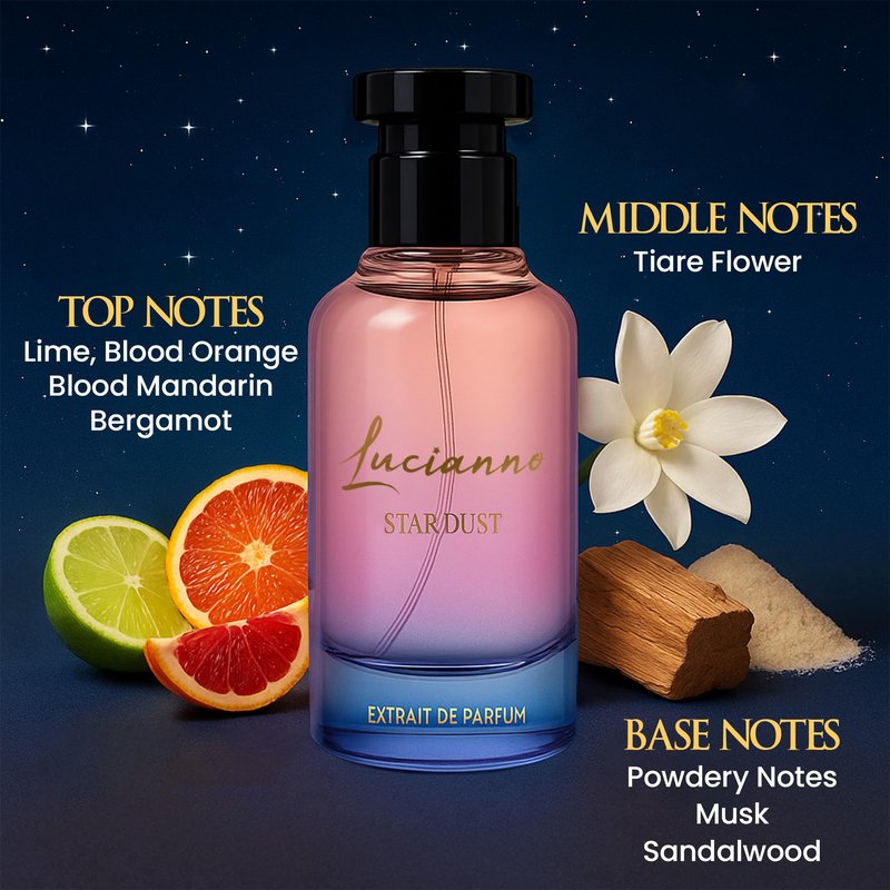Lucianno Star Dust 100mL Extrait De Parfum for Men and Women, Aromatic Fougere Opens with Spicy Mandarin, Softens with Tiare Flower, Ends in Musk & Sandalwood, Perfect Fragrance for All Occasions