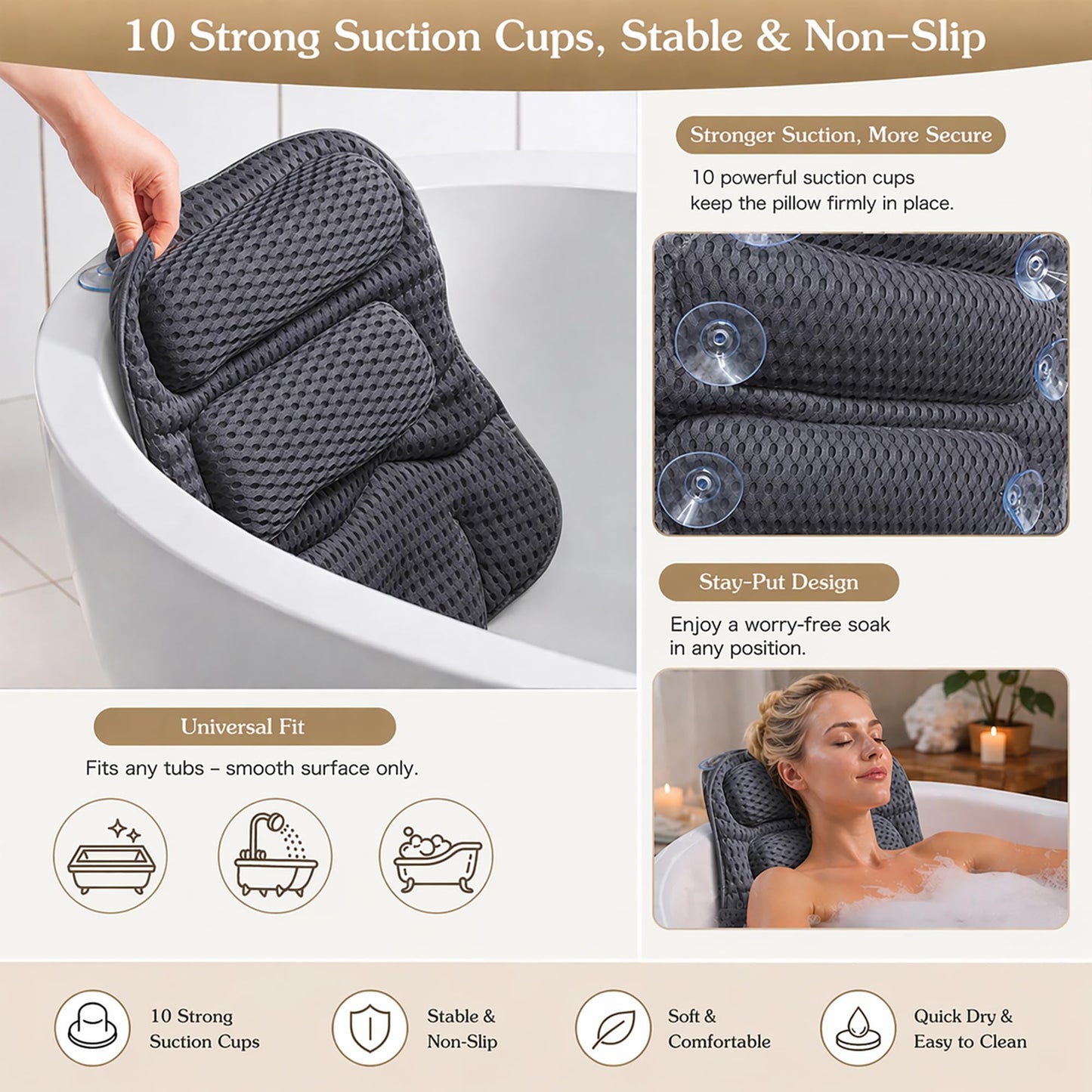 Suvast Luxury Bath Pillow for Tub, with 10 Strong Suction Cups, Non-Slip Bathtub Pillow for Head Neck & Back Support, Extra Large 21” Spa Bath Pillow, 4D Air Mesh Quick-Dry, Gift for Women(Grey)