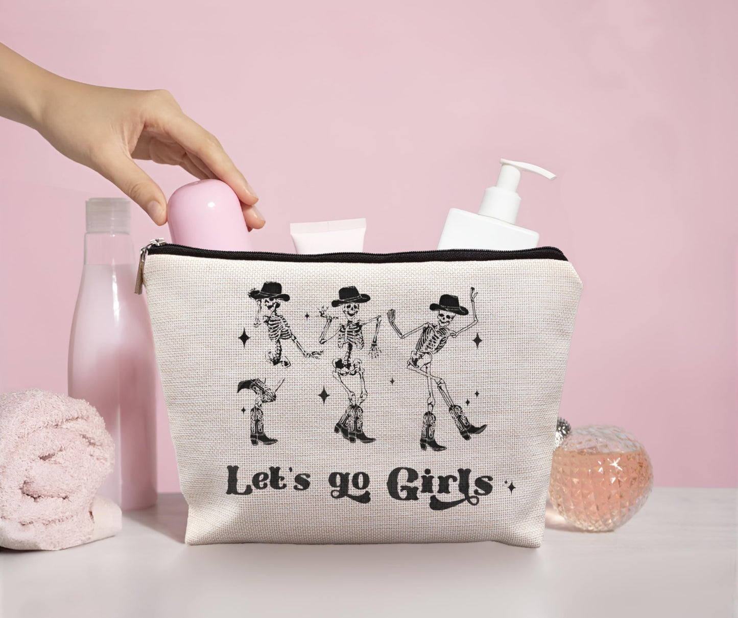 uinwk Western Makeup Bag, Skeleton Makeup Bag, Gothic Makeup Bag, Let's Go Girls Makeup Bag, Western Gifts For Cowgirls
