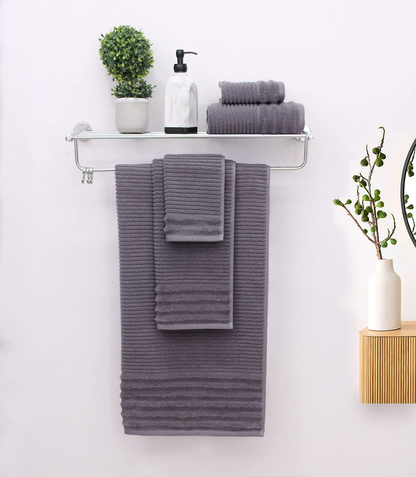 COTTON CRAFT 6 Piece Towel Set - 100% Cotton Plush 600 GSM Sculpted Super Zero Twist Pleated Ribbed Bathroom Towel Set - Soft Absorbent Luxury - 2 Bath Towel, 2 Hand Towel, 2 Washcloth - Charcoal Grey