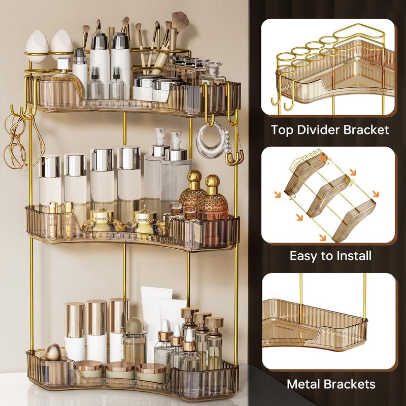 Greenby 3-Tier Corner Bathroom Counter Organizer，Makeup & Skincare Shelf with Built-in Brush Holder，Space-Saving Bathroom Countertop Organizer for Skincare, Perfume, Cosmetics(Amber)