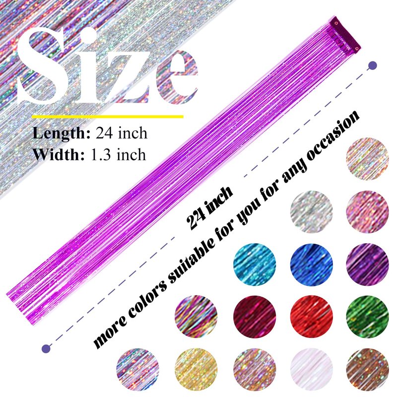 Hair Tinsel Clip in Purple Fairy Hair Tinsel Kit, 12 Pcs 24 Inch Glitter Clip in Hair Extensions for Girls Women Kids Christmas New Year Festival Party (Purple)