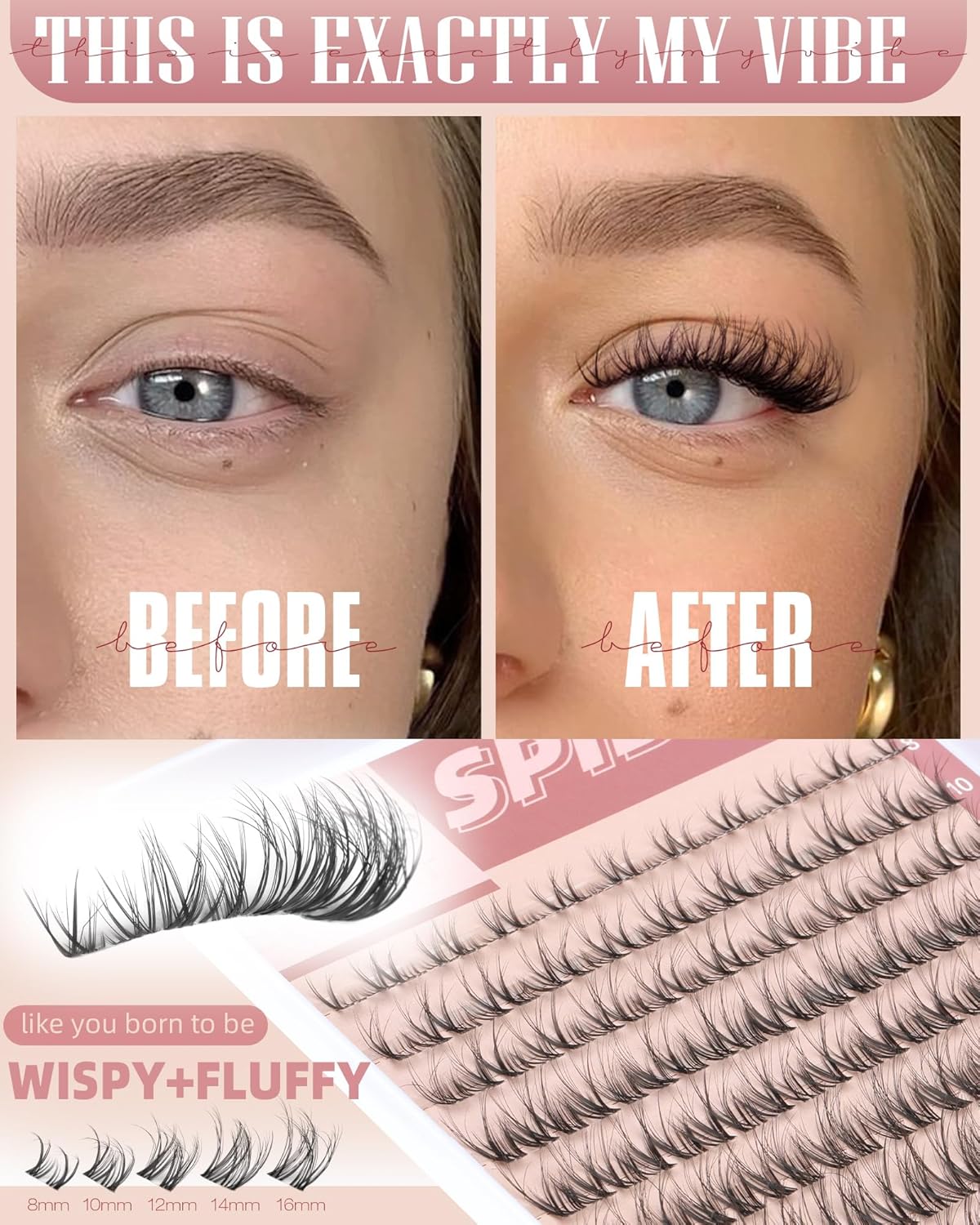 Wispy Fluffy Spider Lash Clusters - Natural Individual Eyelash Extensions | Clear Band, Easy Application