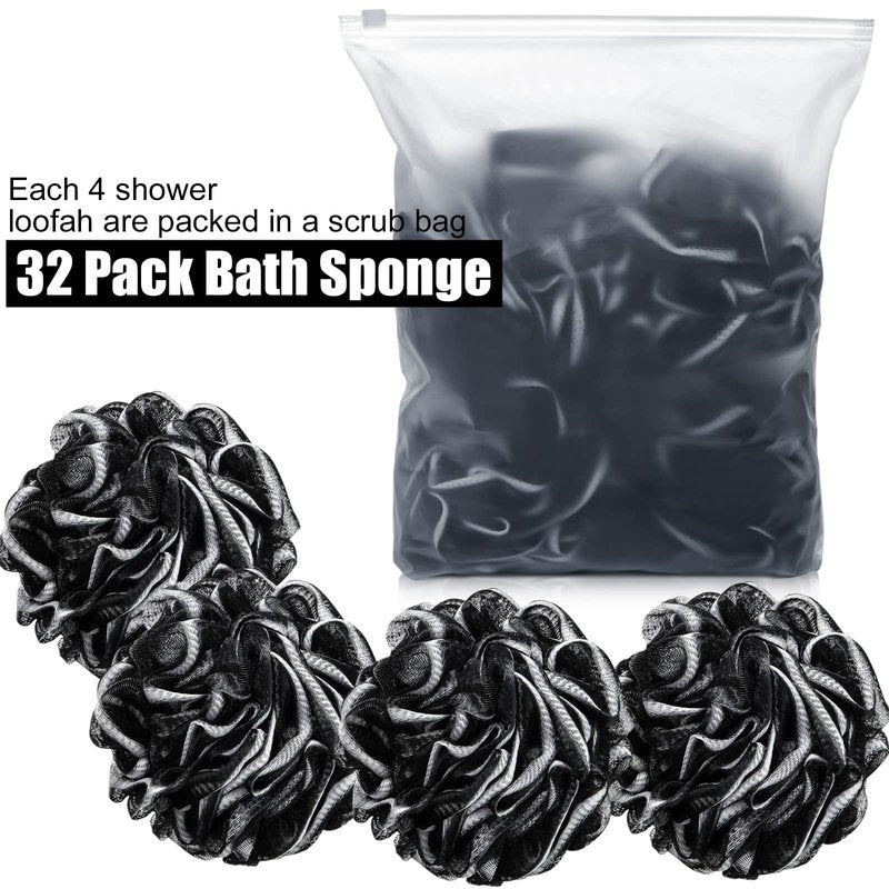 Shellwei 32 Pcs Bath Loofahs Sponge Shower Bulk 60 g for Men Black Large Charcoal Body Scrubber Mesh Shower Puff White Soft Exfoliating Pouf Balls for Women Bathing Accessories