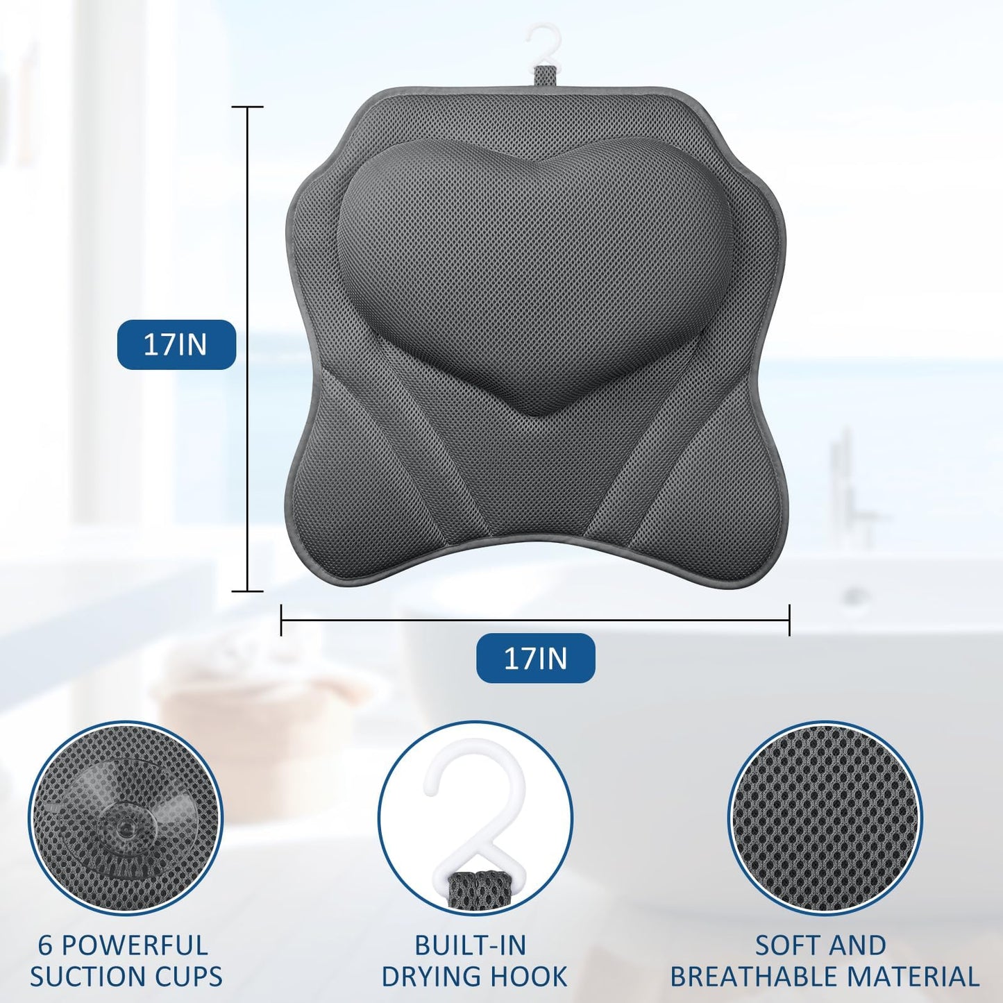 LuxStep Bath Pillow-Bathtub Pillow with Air Mesh Fabric & 6 Non-Slip Suction Cups, Bath Pillows for Tub Head, Neck and Back Support, Bath Accessories Spa Gifts, Grey
