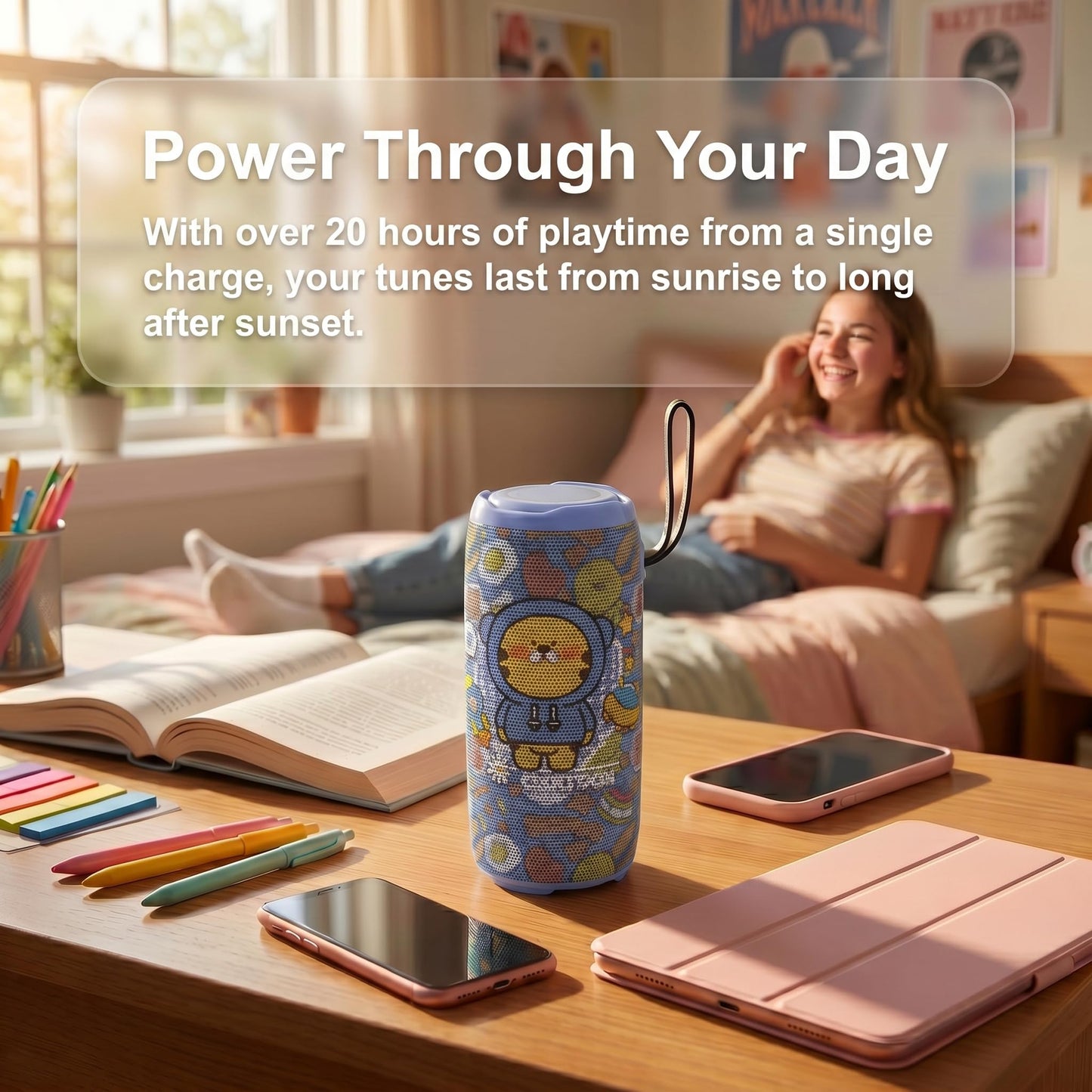 Cute Cartoon Bluetooth Speaker for Girls & Teens, Kawaii Portable Wireless Speaker with RGB Sync Lights, BT 5.3, TWS Pairing, IPX5 Waterproof, 20H Playtime, Birthday Gifts & Room Decor (Blue)