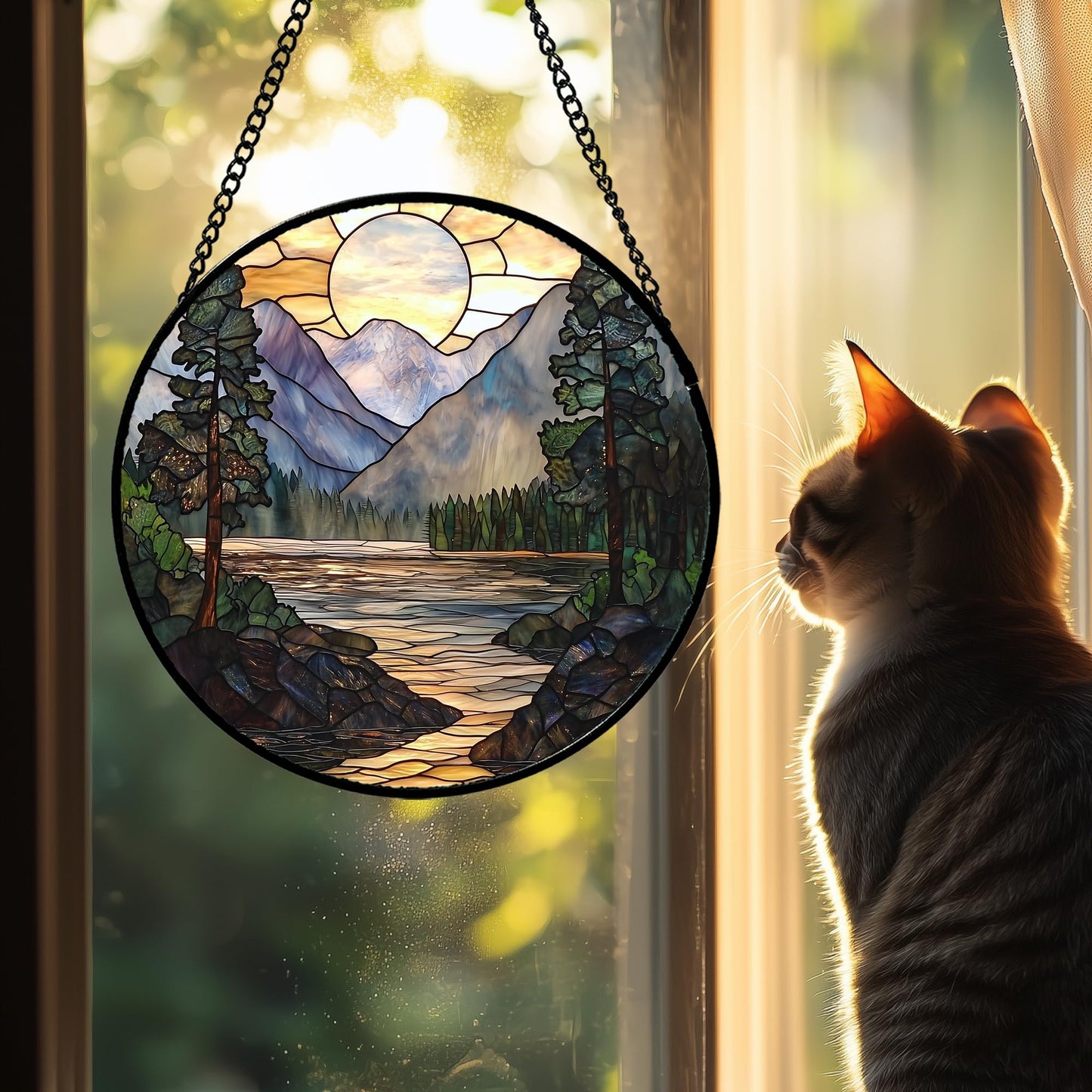 AMDERVEN Stained Glass Window Hanging, Sunset Mountains Lake Tree Sun Catcher for Window Home Decor Landscape Suncatcher Mother's Day Birthday Gifts for Women Men Mom and Nana 15 in