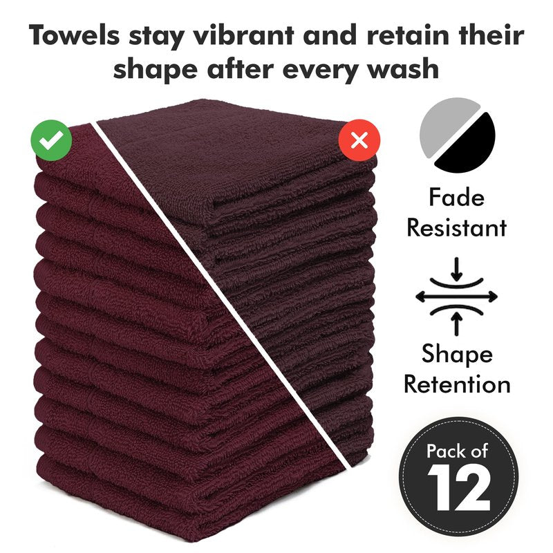 Novo Home Face Towels Pack of 12 – 100% Cotton Wash Cloths (12x12 inch) – Soft, Quick Dry & Highly Absorbent Hand Towels for Bathroom, Spa, Gym, Kitchen and for Daily Use - (Burgundy)
