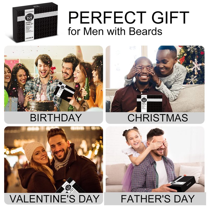 MALE GOD Beard Kit for Men Grooming & Care, Beard Growth Kit w/Natural Ingredients Beard Oil, Balm, Brush, Comb, Father's Day & Chirismtas & Birthday Gifts for Men Dad Him Husband Boyfriend