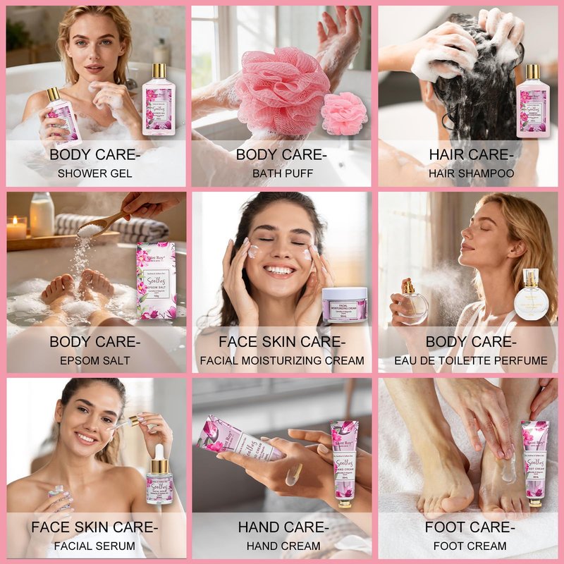 27 Pcs Spa Day Gifts Basket for Women, Camellia & magnolia Bath and Body Gift, Facial Skin Care Set, Self Care Pampering Kit, Face Serum, Lip Care, Home Spa, Birthday, Mother Day, Bridal Shower