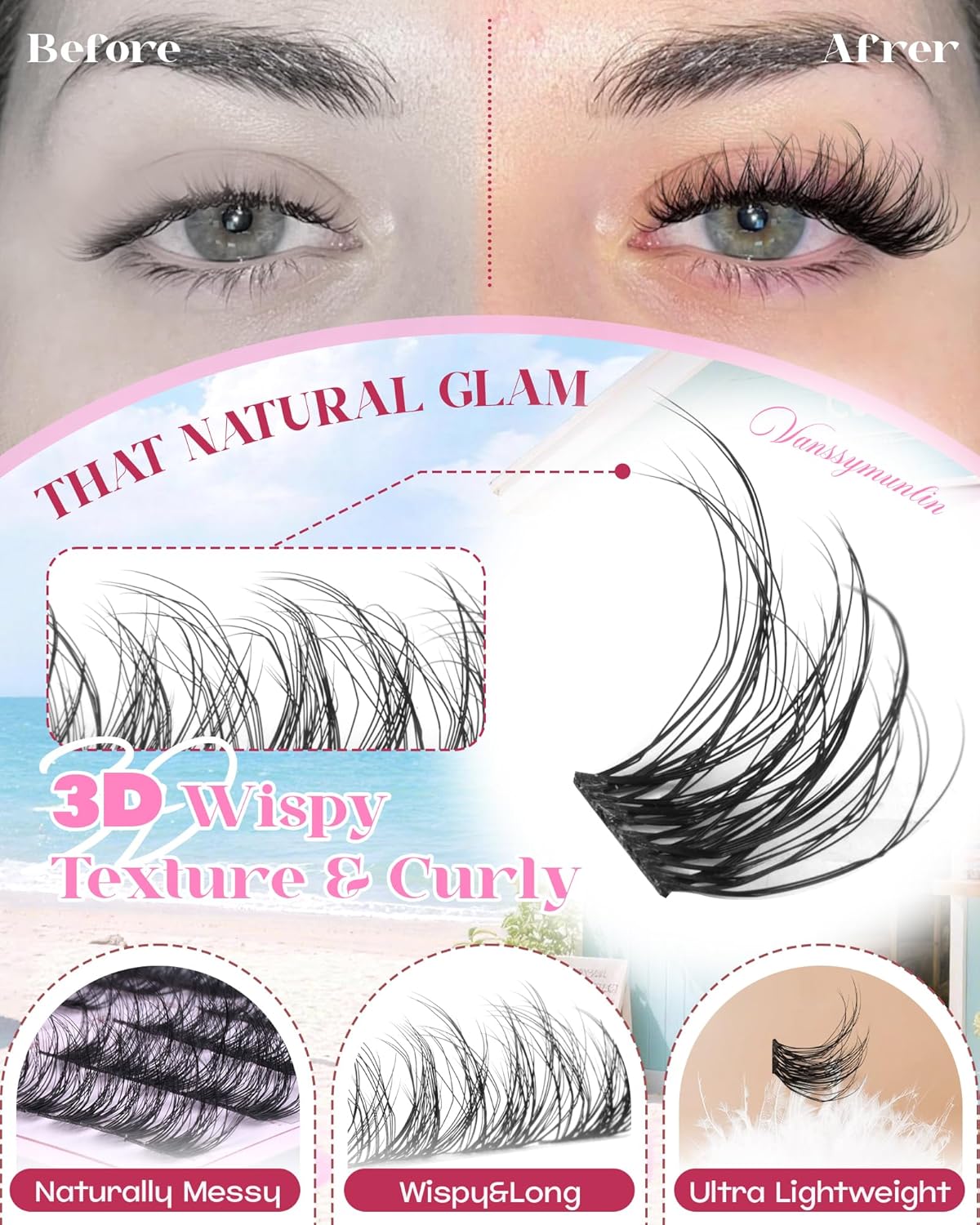 Wispy 3D Lash Clusters, Natural Fluffy Eyelash Clusters Spider D Curl Cluster Eyelash Extensions Volume Fairy Lashes Clusters Soft 10-16mm Eyelash Extension for All Eye Shapes DIY 135pcs Vanssymunlin
