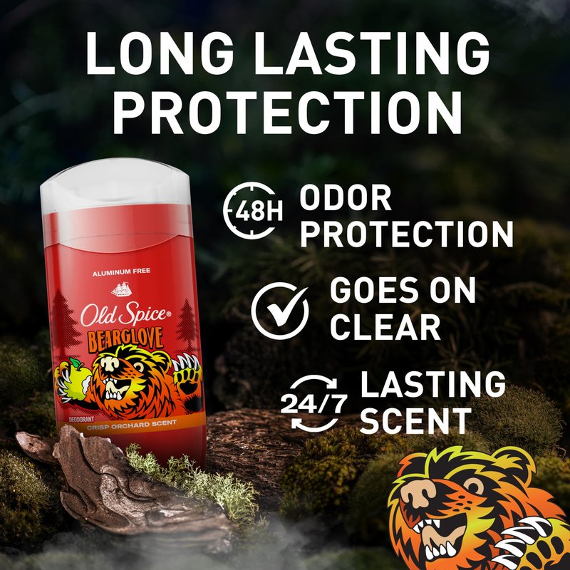 Old Spice Aluminum Free Deodorant for Men, 24/7 Odor Protection, 24/7 Freshness & Lasting Scent, Goes on Clear, Bearglove with Crisp Orchard Scent, 3.0 oz