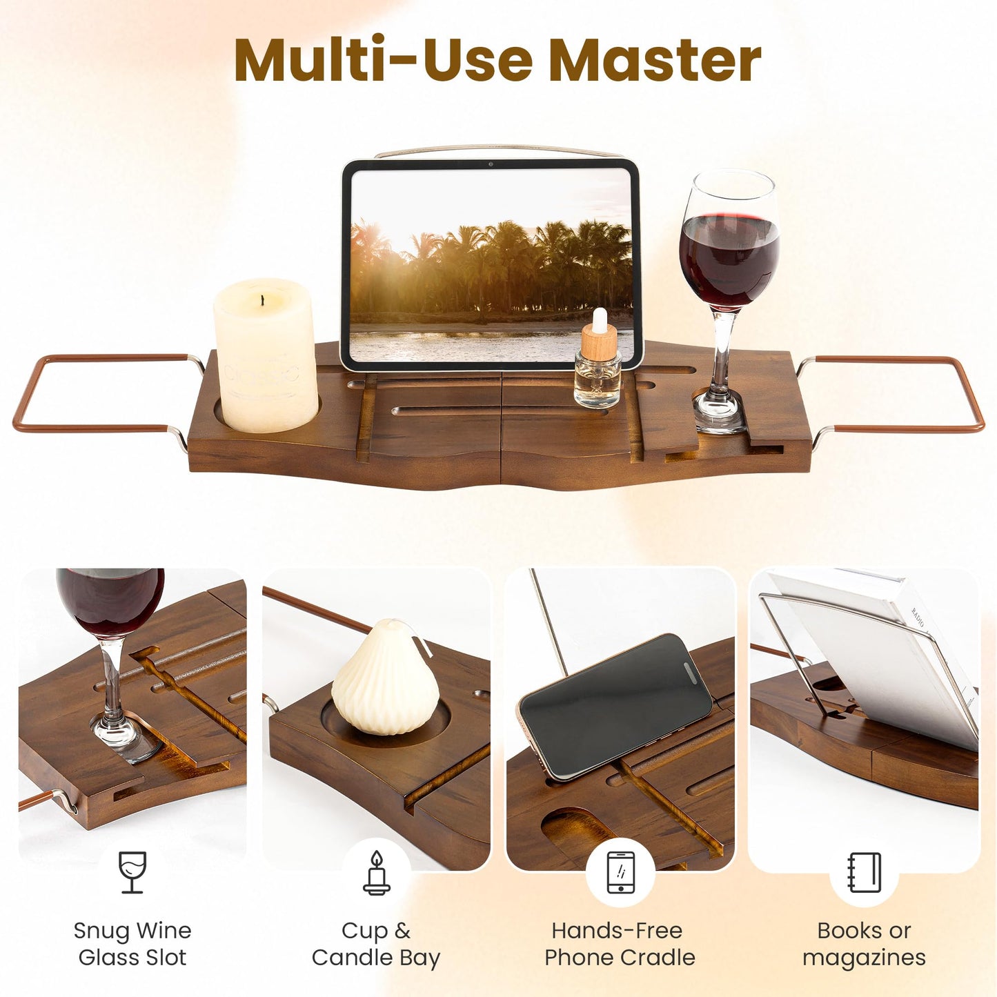 Teak Bathtub Tray Expandable Bathroom Tray for Home Spa Relaxation, Wooden Tray Caddy for Bathtub, Teak Bathtub Caddy as Unique Housewarming, Birthday, Wedding Shower Gifts. Light Walnut