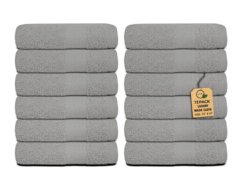Premium Wash Cloths Pack of 12 (13" x 13") 100% Ring Spun Cotton | Luxury Washcloths | Ultra Soft Face Towels | Highly Absorbent Wash Cloths for face (Silver Grey)