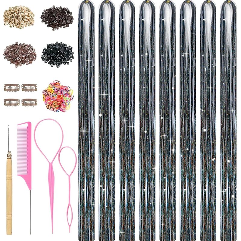 Skiennix Black Hair Tinsel Kit - 8 Pcs 48-Inch Glitter Hair Extensions for Parties & Festivals