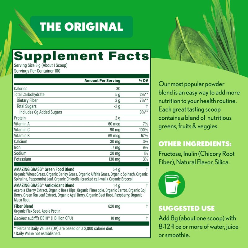 Amazing Grass Super Greens Powder, Organic, Greens Superfood Powder, Smoothie Supplements, Supports Digestion, Probiotics, Spirulina, Beet Root, Original, 100 Servings, 28.1 Ounce (Packaging May Vary)