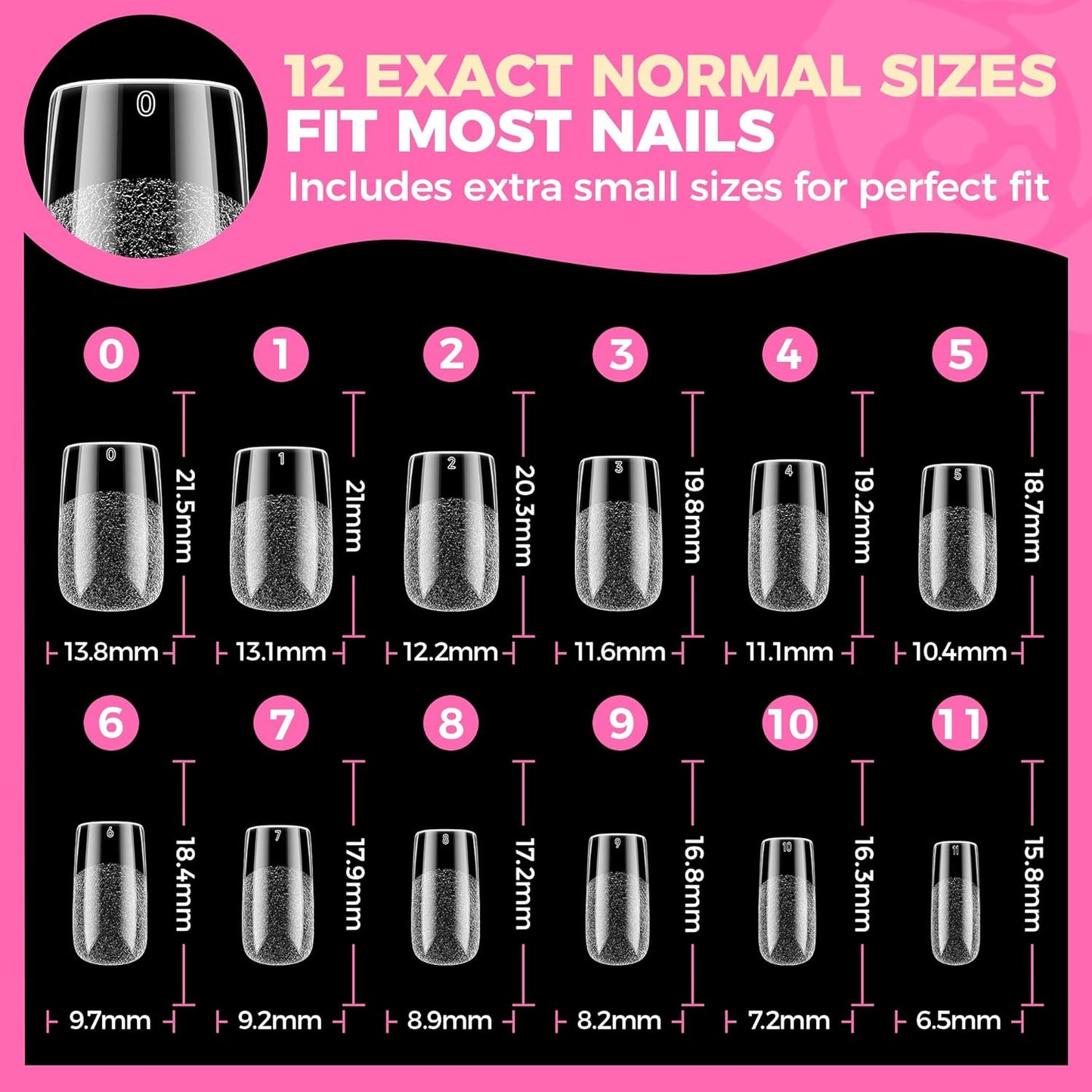 Square Nail Tips - 504PCS Short Pre-Etched Gel Fake Nails | Full Cover Soft Acrylic, 12 Sizes for DIY French Manicure