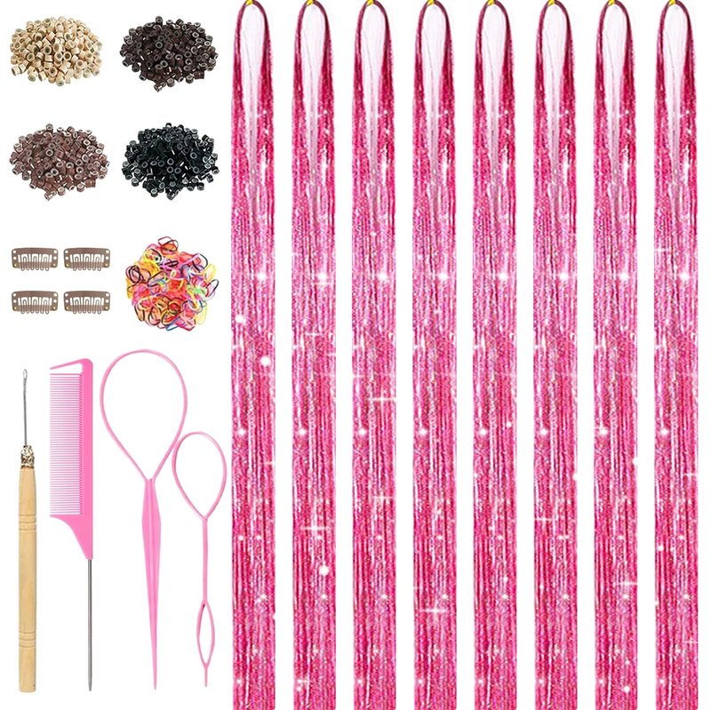 Pink Hair Tinsel, 8 Pcs Fairy Hair Tinsel Kit for Girls Women 48 Inch 3200 Strands with Tools Hair Accessories Glitter Tinsel Hair Extensions for Party Festival Christmas (Pink)
