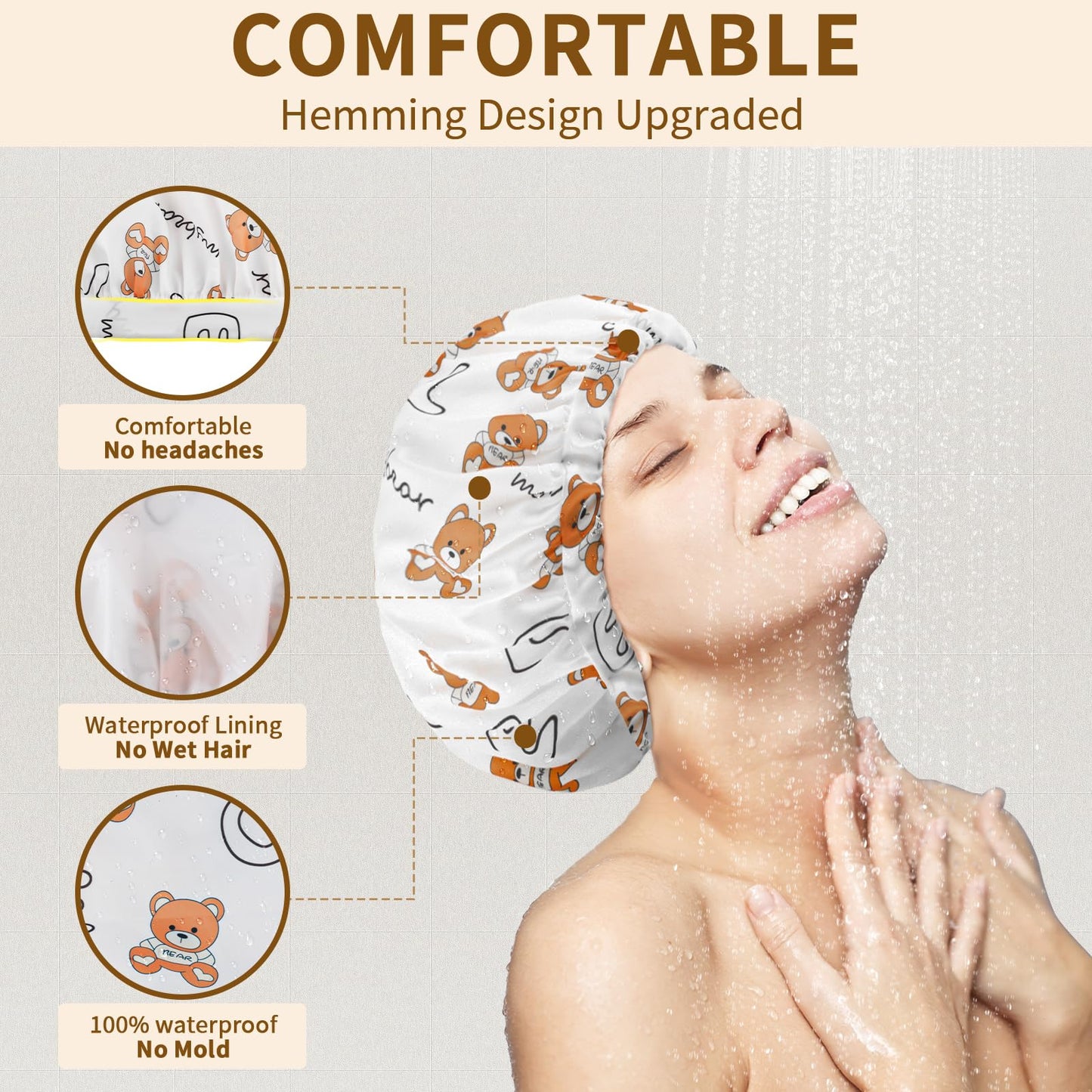 3 PCS Shower Caps for Women, Upgrade Comfortable & Extra Large & Double Layers Waterproof Bath Cap, Oversized Designed Adjustable Hem Hair Cap for All Hair Lengths/Style