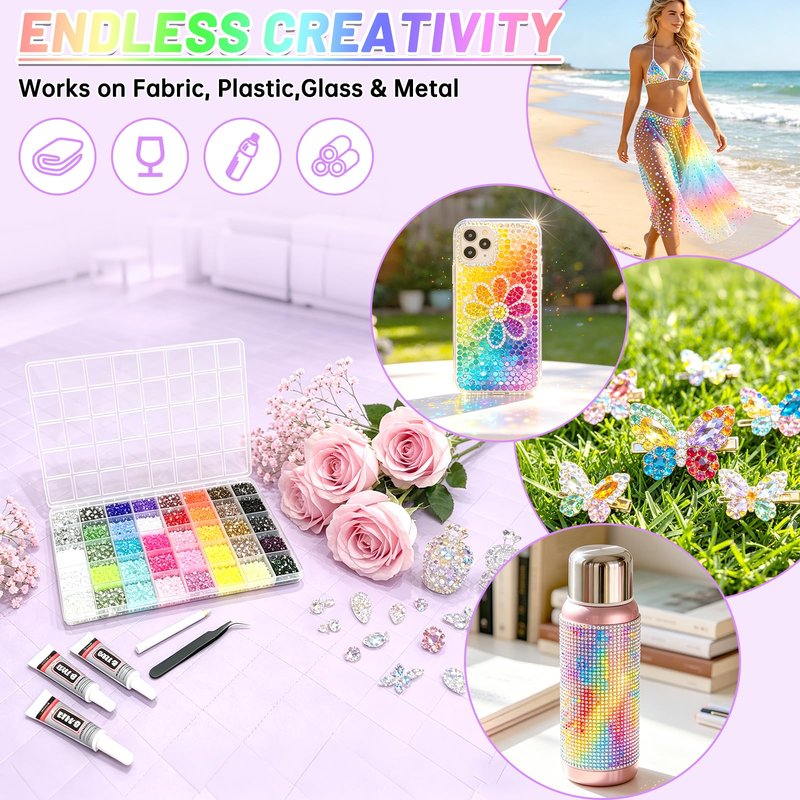 IKKAB 32000PCS 3mm Flatback Rhinestones for Bedazzling, 40 Colors Bedazzling Kit with Storage Box, 3 B7000 Glue, Tweezers & Pick Up Pen, Bedazzler Kit with Rhinestones for Crafts, Clothes, Shoes DIY